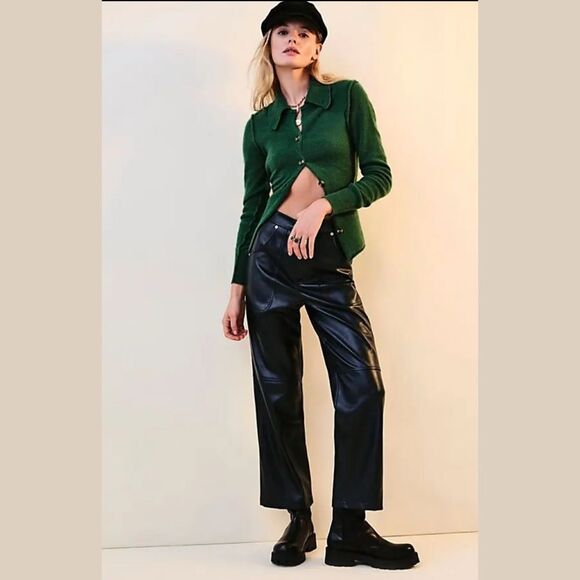 Free‎ People Green Ribbed Button Front Collared Long Sleeve Top XS - Picture 1 of 9